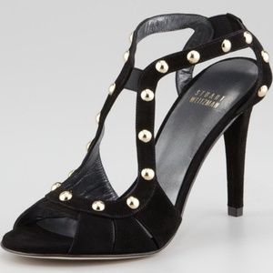 Stuart Weitzman Gold Studded Peep Toe Heels